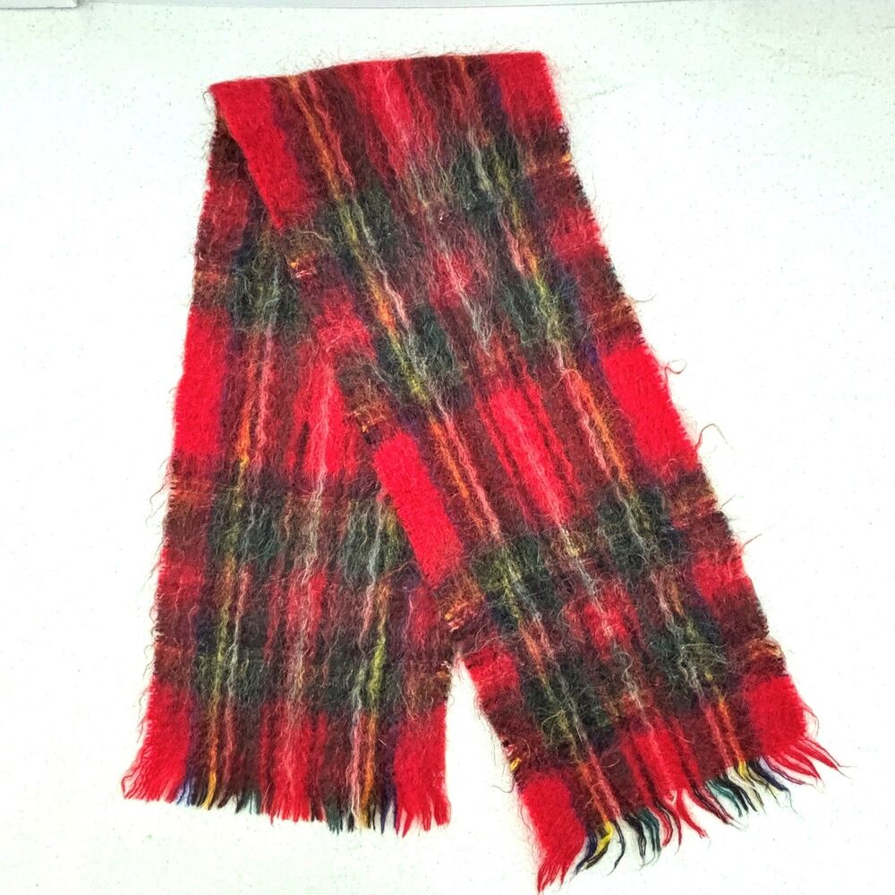 Vintage Tartan Plaid Mohair Blend Scarf Fringed Winter Unisex Neckwarmer Cozy